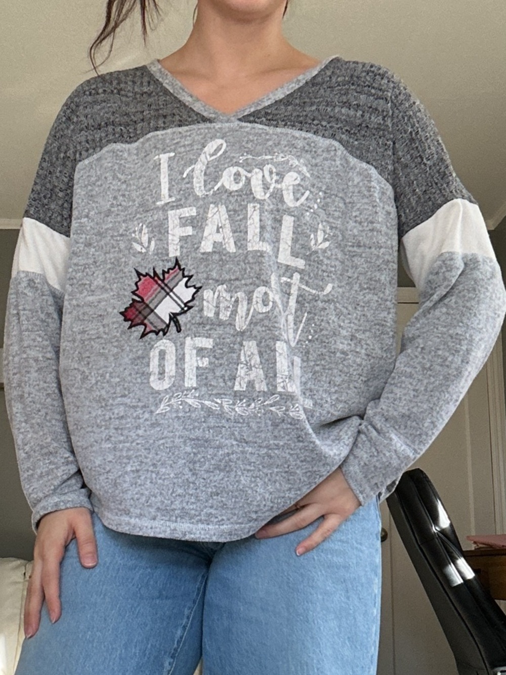 C EST. 1946 Grey 'I Love Fall most of All' Quote Long Sleeve w/ Knit Detail